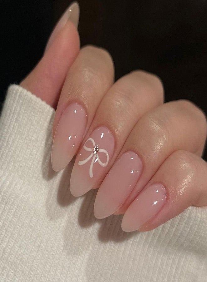 BSBTBZ Light Pink Press on Nails Short, Glossy Solid Color Fake Nails, Full Cover False Nails Design with Bow Tie Short Nude Sweet Stick on Nails for Women&Girls Nail Art Decorations 24Pcs - Image 1
